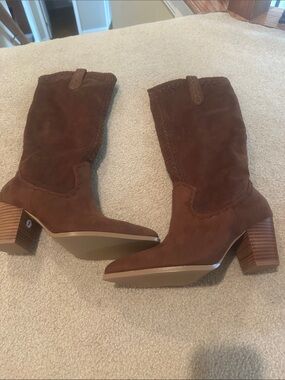 Bellini Chestnut Suede Mid-Calf Western Block Heel Boots